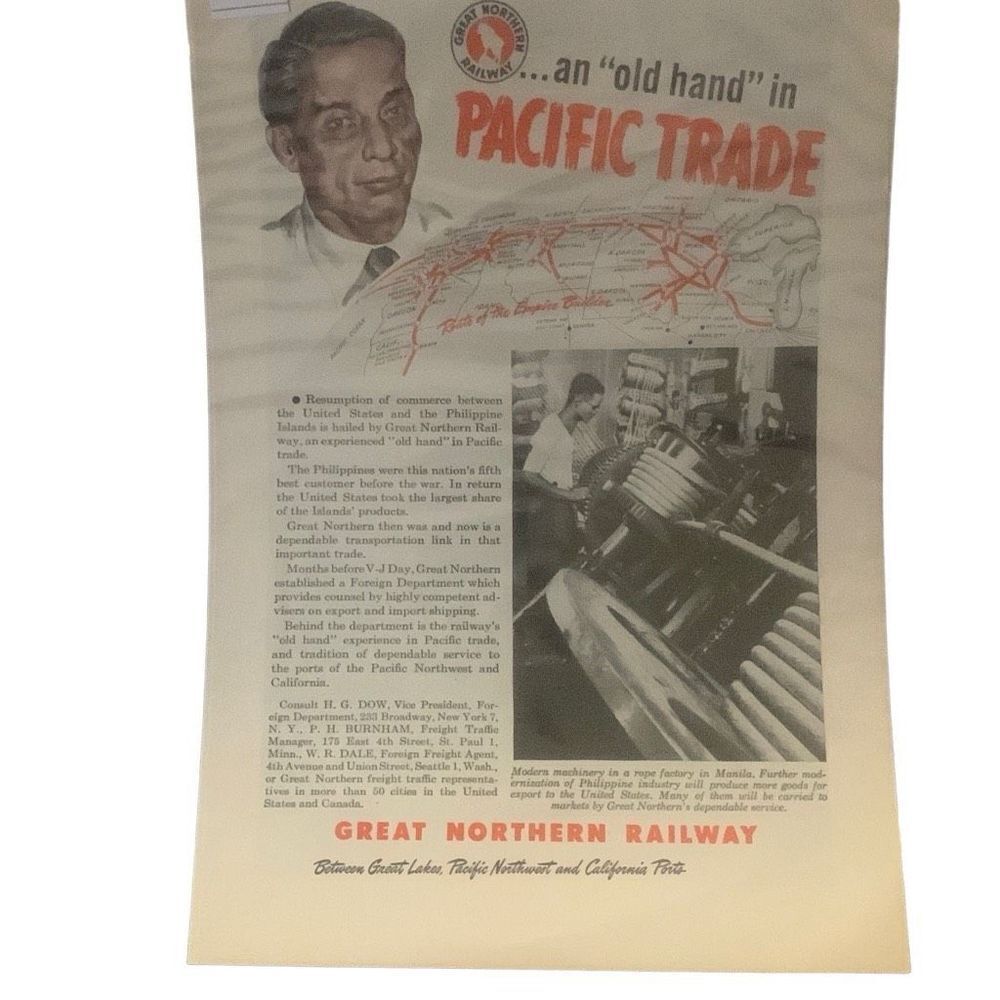 Vintage 1946 Great Northern Railway Old Hand in Pacific Trade Ad Advertisement
